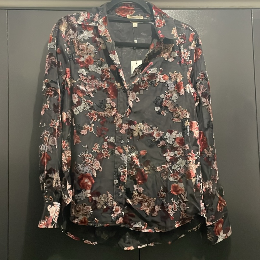 NWT L’AGENCE Hailie Button Down Long Sleeve Floral Sheer Velvet Burnout Print XS
